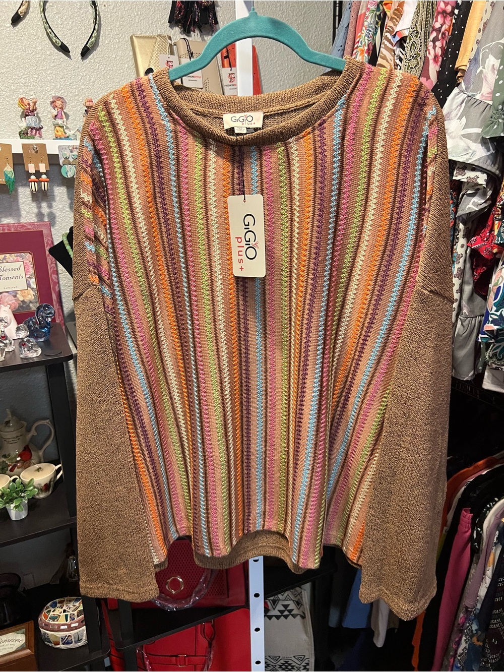 GIGIO Plus Brown Multicolor Striped Crewneck Sweater